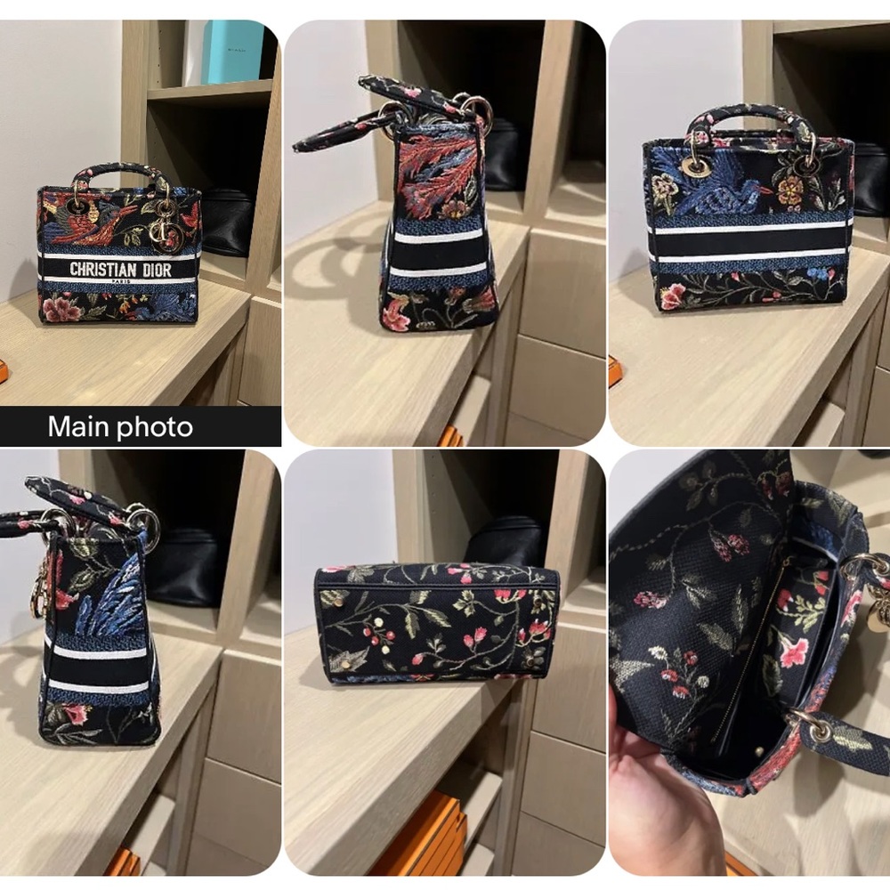 New Christian Dior Medium Lady D-Lite Bag Black Multicolor Birds Embroidery